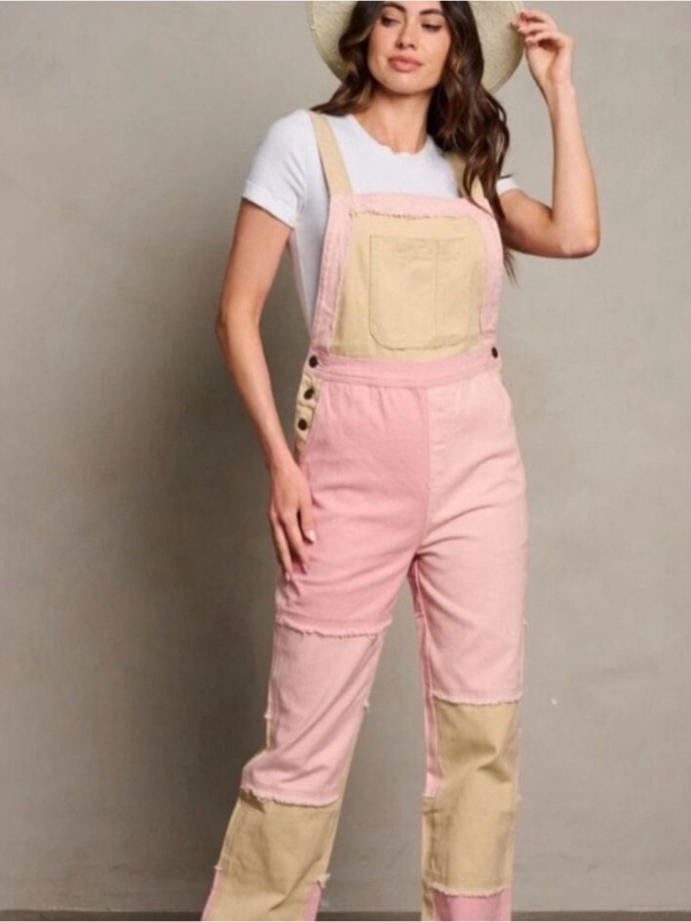 Easel Pink & Tan Colorblock Overalls